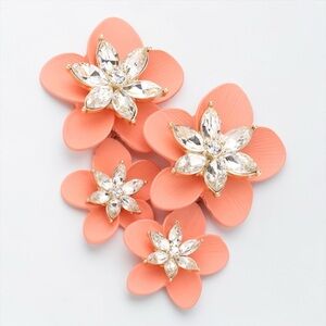 Tory Burch Coral Flower Statement Earrings | Crystal Dangle Floral Earrings NWOT
